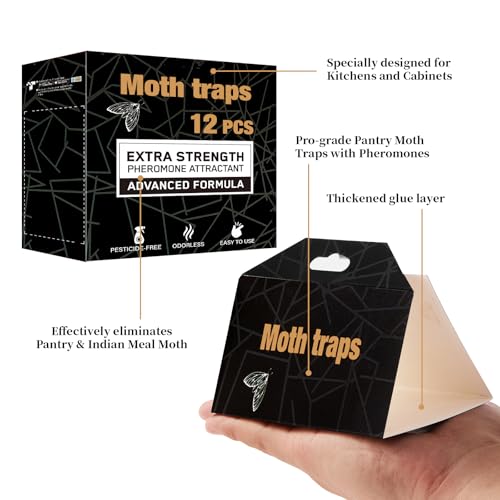 Upgraded Moth Traps, Double Potent Pantry & Clothes Traps with Pheromones Prime, No Toxic & Odorless Meal Moth Trap, Organic Sticky Moths Balls Repellent with Lure for Closet, Kitchens-12Pack