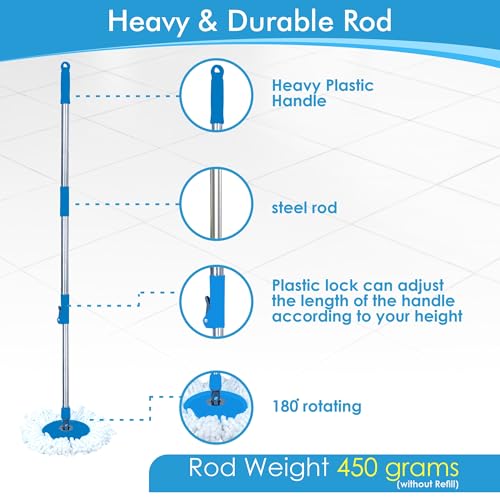 Image of Mr.Mop 360 Degree Square Spin Bucket Mop for Floor Cleaning with Rod Stick and 2 Microfiber Refills | Magic Pocha Set (Blue (Steel Jali))