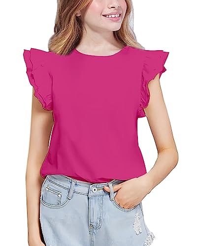Image of Kilymosy Girls White Shirt Short Sleeve Summer Casual Flutter Tops Tee Blouse 5-14 Years