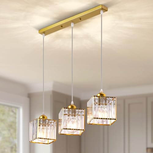 Warmiehomy Modern Crystal Chandelier 3 Lights Hanging Lights Adjustable Height E27 Pendant Ceiling Light for Kitchen Island Living Room Bedroom Hallway Square L50*W15*H120cm(Gold)