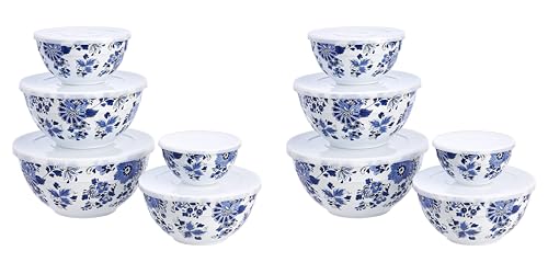 Image of Amazon Basics Mixing Bowls with Lids, Nesting Melamine Serving Bowls, Non-Slip Base, BPA Free, Dishwasher Safe, 5 Sizes, Blue and White Floral, Set Of 10 (Pack of 2)