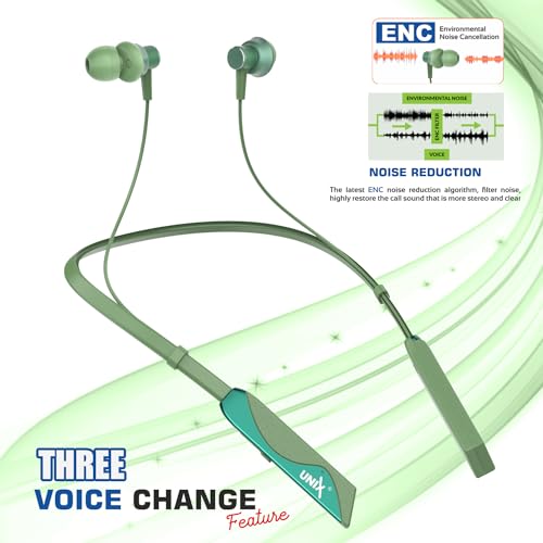 Image of Unix Elite 1 Charm Wireless Neckband | ENC Bluetooth Headset with Voice Changer (4 Modes) | 48H Playtime | Deep Bass | Magnetic Earbuds | Sweat Resistant | Stylish Neckband with Mic (Green)