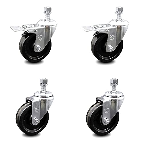 Phenolic Swivel Threaded Stem Caster Set of 4 w/Roller Bearing - 4" x 1.25" Black Wheels and 1/2" Stems - Includes 2 with Total Locking Brake - 1200 lbs Total Capacity - Service Caster Brand