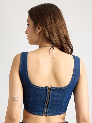 Image of Shasmi Girl's and Women's Blue Denim Crop Top, Square Neck, Sleeveless Corset Style Women Western Cotton Denim Bustier Vest Crop Top | Bralette Blouse | Sleeveless (Denim Top 158)