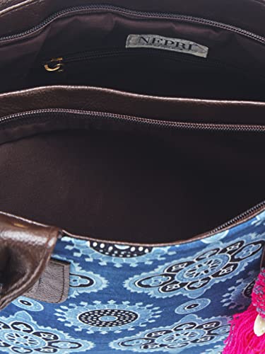 Image of NEPRI Office Pouch Tote Bag | Stylish Set of 2 Tote Bags for Women| Vegan Leather & Handblock Printed Fabric Handbag with Double Handle Shoulder Strap| Daily & Travel Use