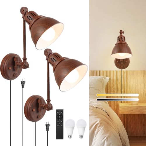 Image of GOODATE 2 Pack Plug in Wall Sconces with Remote Control, Dimming, Adjustable Colors 2700K-6500K, Swing Arm Wall Lamps with Night Light & Timer, Plug-in or Hardwired, LED Bulbs Included, Walnut Finish