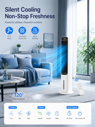 Image of Uthfy 41 Inch Swamp Cooler Air Conditioner, 3-in-1 Portable Air Conditioners with 4 Modes, 3 Speeds, 120 Oscillation, 4 Ice Packs, Removable Water Tank, Cooling Fans that Blow Cold Air with Remote