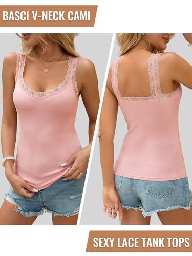 Image of Lace Camisole Tank Tops for Women V Neck Wide Strap Soft Ribbed Lace Trim Cami