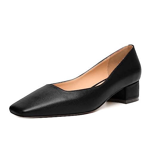 JUSTDANNI Women's 1.5 Inch Dress Square Toe Matte Block Low Heel Slip On Wedding Stylish Black Pumps Shoes Size 10 - Zapatos de Mujer de Vestir Tacon Bajo