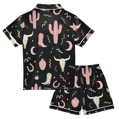 Satin Pajama Sets Short Sleeve Western Themed Seamless Pattern Design_1 Button Down Silky Nightwear 2 Piece PJS 5-14Y2