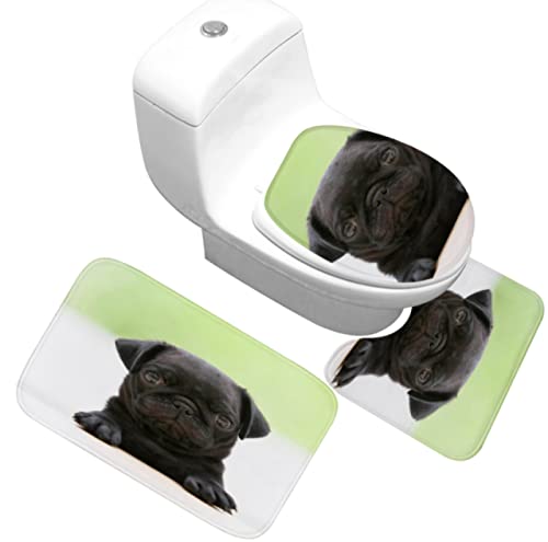 3 Teilig Badematte Set Schwarzer Mops 12 3D Badematten Set rutschfest, Badezimmerteppich,U-förmiger WC-Vorleger,WC…