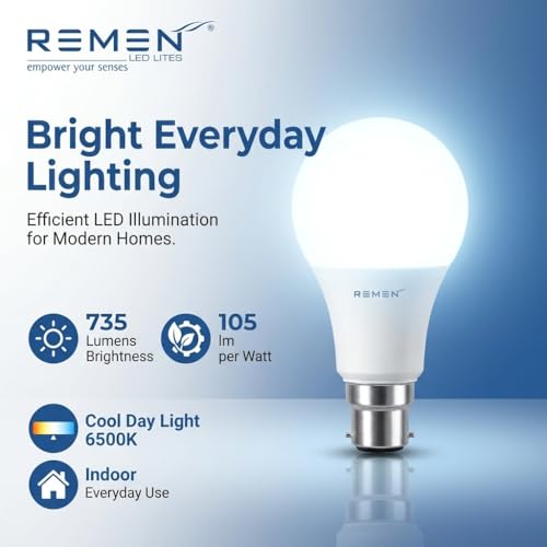 Image of REMEN 7W LED Bulb B22 Base Pack of 6 | 6500K Cool Day Light | 735 Lumens | BIS Certified & BEE 2 Star | 105 lm /W High Efficiency | LED Bulb for Home, Bedroom, Kitchen & Office