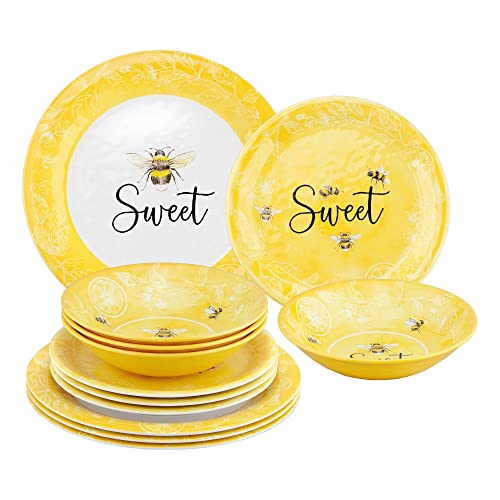Upware 12-Piece Melamine Dinnerware Set, Includes Dinner Plates, Salad Plates, Bowls, Service For 4. (Sweet Bees) #TOP28