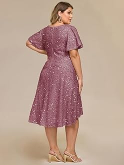 Ever-Pretty Plus Women's Formal Eveing Dress V Neck A-line High Low Sequin Plus Size Christmas Cocktail Party Dresses