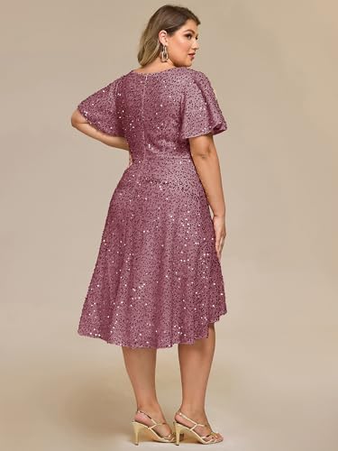 Ever-Pretty Plus Women's Formal Eveing Dress V Neck A-line High Low Sequin Plus Size Christmas Cocktail Party Dresses