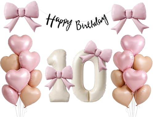 29Pcs 10th Birthday Decorations for Girls Pink Heart Bow Foil Balloons Cream 10 Balloon Number Black Happy Birthday Banner, 10 Year Old Girl Birthday Decorations Valentines Day Party Decor Supplies