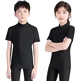 [Rovidorx] ラッシュガード キッズ 水着 半袖 tシャツ 男の子 女の子 子供 ジュニア 男女兼用 小学生 中学生 スクール 学校 水泳 120 130 140 150 160 フードなし 無地 速乾 夏服 冷感 海 水陸両用 日焼け対策 112-blk-blk-120