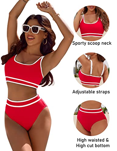 Image of BMJL Women's High Waisted Bikini Sets Sporty Two Piece Swimsuits Color Block Tummy Control Modest Bathing Suit