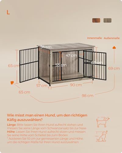 Feandrea Hundekäfig Möbel, Beistelltisch, Hundebox, Moderne Hundehütte Indoor für Hunde bis zu 32 kg, hochbelastbar, geschlossener Boden, Hundehaus 2 Türen, Greige meliert PFC023G01