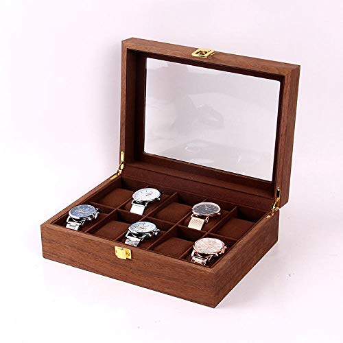 Preisvergleich Produktbild WATCHHE Holz Uhr Aufbewahrungsbox Uhrenaufbewahrung mit Glasdeckel Eleganter Halskette Armband Schmuck Armband Ring Display-Box Geschenk 10 Walnuss-Muster