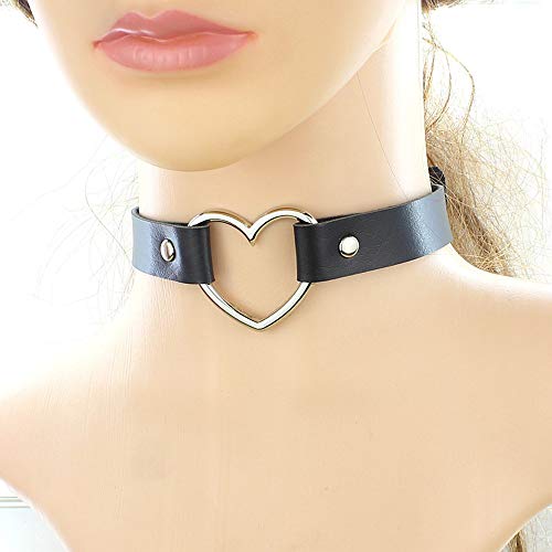 Jurxy 2 Stück Breit Lederhalsband Halskette Herz Form Damen Leder Choker Niet Halsband Gotik Punk Rock Lederband Einstellbar Kragen – Schwarz