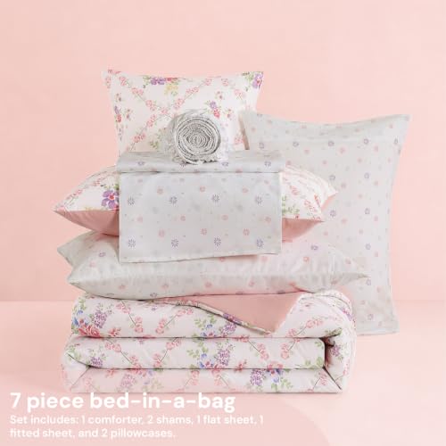 Image of BLOOMHAVEN Full Size Comforter Set for Girls, 7 Pieces Colorful Floral Vine Bedding Set, All Seasons Kids Bed in a Bag with Sheets, Pillowcases & Shams