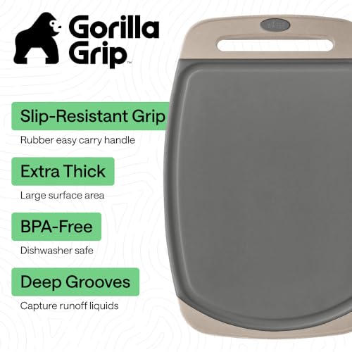 Image of GORILLA GRIP BPA-Free Reversible Kitchen Cutting Board Set of 3, US Designed, Nonporous, Juice Grooves Catch Liquid, Slip Resistant Border, Dishwasher Safe, Durable Food Chopping Boards, Gray Almond