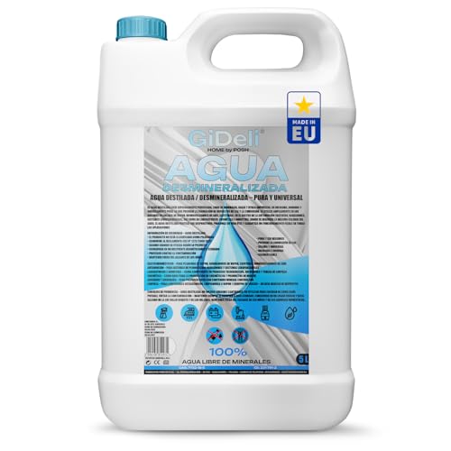GiDeli Agua desmineralizada 5L agua destilada para planchas, baterías, radiadores, humidificadores, acuarios y laboratorios agua sin cal, inodoro, transparente