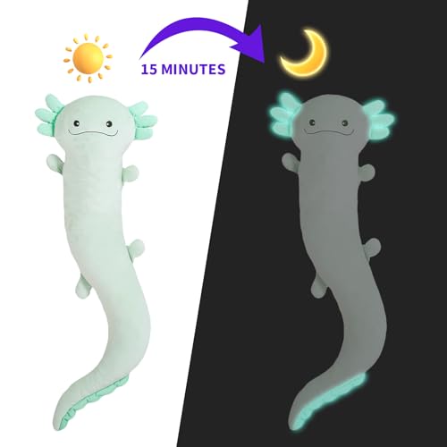 Image of Tianmihou 48 inch Giant Axolotl Plush Stuffed Animal, Big Light Green Axolotl Glow in The Dark Fluorescent Plushies, Jumbo Stuffy Body Pillow Gifts for Kids Adults, Birthday
