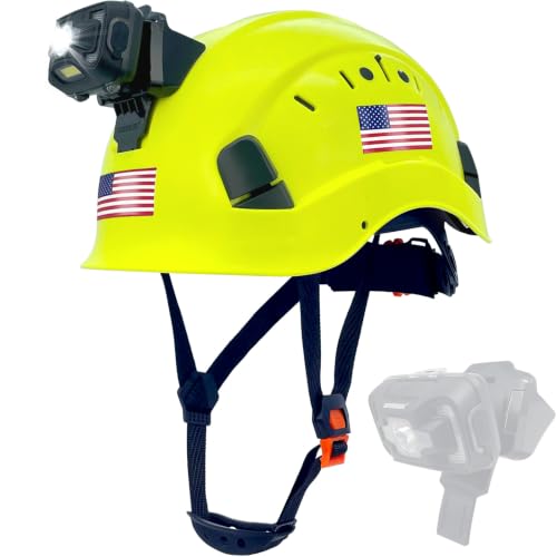 SAFEBUILDER Safety Hard Hats with Headlight Lightweight Breathable Vented Safety Helmet with Headlamp for Construction Industrial Outdoor Work Head Protection ANSI Approved (Fluorescent Yellow+SHL01)
