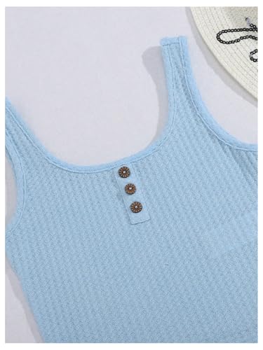Image of RoseSeek Girl's 2 Piece Outfits Waffle Knit Scoop Neck Button Down Crop Tank Tops Paperbag Waist Track Shorts