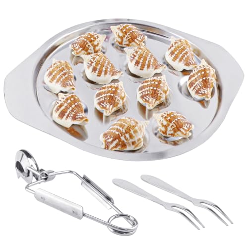 4Pcs Snail Escargot Plate 12 Holes Stainless Steel Snail Dishes with Tong and 2 Forks, Cooking Tool for Kitchen Restaurant, 8.6Inch
