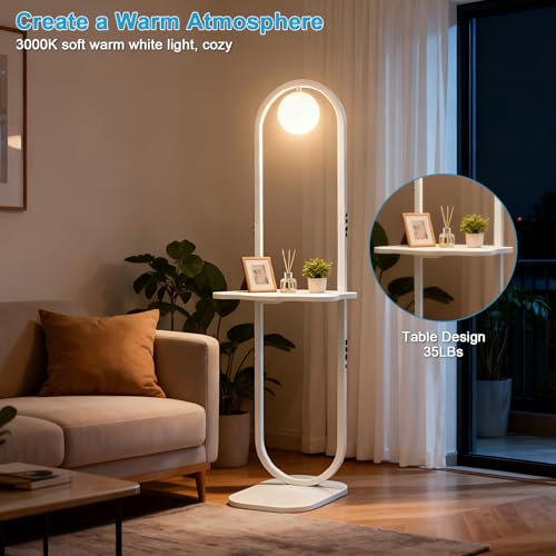 Image of Lightdot 47-Inch Arch Floor Lamp, Modern Standing Lamp with Table, White Metal Frame with Globe Shade, Living Room Bedroom Lighting, G9 LED Bulb Included for Sofa Beside /Corner Decor
