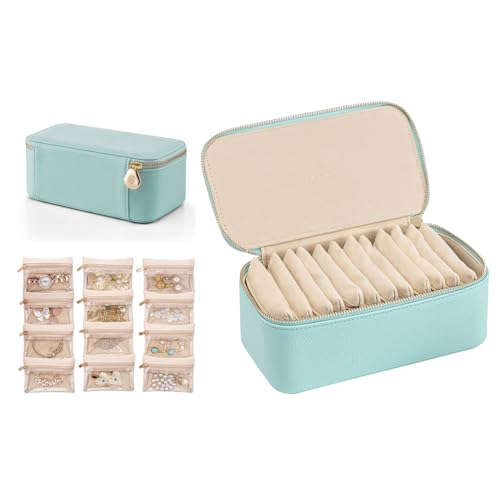 Vlando Travel Jewelry Box Organizer with 12 Zippered Pouches, Aqua Blue