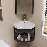 Armadietto da bagno angolare con lavello, unità salvaspazio a parete, combinazione di rubinetti caldi e freddi, nero opaco, perfetto per bagni piccoli, 96 x 96 cm