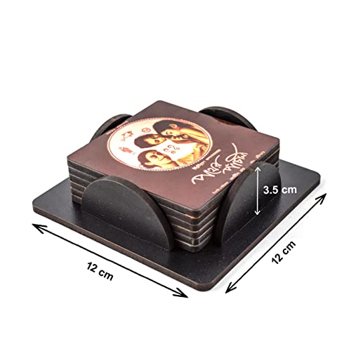 Image of Windup MDF Wooden Printed Coasters Set with Coaster Stand (High-Gloss /Waterproof - 3.5x3.5 inches, Set of 6) - Style: Satyajit Ray Movie Posters