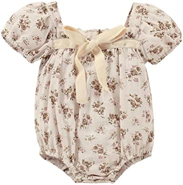 Newborn Baby Girl Cotton Summer Clothes Vintage Floral Romper Square Neck Short Sleeve Bodysuit Jumpsuit (Beige, 3-6 Months)