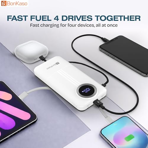 Image of BonKaso 10000mAh Power Bank 22.5W Fast Charging PD, Built-in 2-in-1 Type-C & Lightning Cable, Digital Display, Dual USB Output, Compact Portable Charger for iPhone, Android, Tablets - White