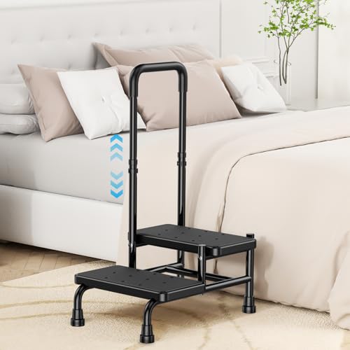 2 Step Stool with Handle for Elderly, Heavy Duty Step Stool with Adjustable Handrail, Non-Skid...
