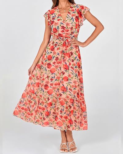 Image of BTFBM Women Summer Bohemian Floral Casual Wrap V Neck Ruffle Cap Sleeveless Belt A-Line Pleated Hem Midi Sun Dress White
