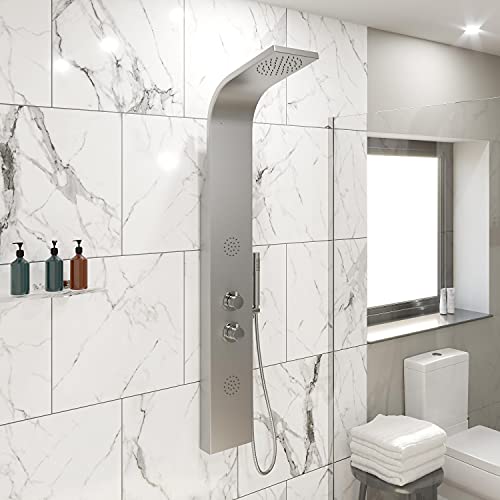Architeckt® Thermostatic Shower Tower Column Panel, Three Function 3-in-1 System with Rainfall Head Handset 2 Body Jets Showers Curved, Painted Silver