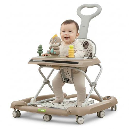 Image of Baybee 3-in-1 Convertible Baby Walker for 6-18 Months with Rocking Mode, Removable Toy Bar, Inbuilt Music, 3-Level Height Adjustment, Smooth Wheels & Parental Handle | Foldable Infant Activity Walker with Cushioned Seat (Beige)