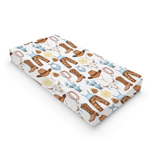 Image of Western Cowboy Baby Changing Pad Cover for Boys & Girls 32''x16'' Desert Cowboy Hat Boot Sun Cactus Unisex Fitted Changing Table Mats Sheets Soft Breathable Cradle & Bassinet Sheets Blue