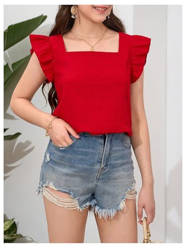 MakeMeChic Girl's Square Neck Ruffle Sleeve Blouse Cute Blouses Shirt Summer Casual Tops4