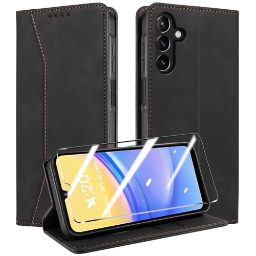 QHOHQ Handyhülle für Samsung Galaxy A15 4G/5G Hülle mit Panzer Folie, Premium Leder Schutzhülle, [RFID Sperrung Schutz], Magnet Klappbar Flip Case Tasche, Multifunktional, Stoßfest (Traum)-Schwarz