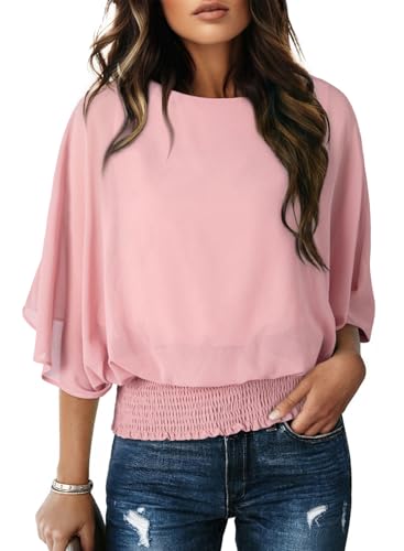 Dokotoo Women Blouses 3/4 Length Sleeve Womens Tops Summer Dolman Sleeve Batwing Loose Fit Boat Neck Pink Ladies Tops and Blouses for Women Dressy Casual Shirts S