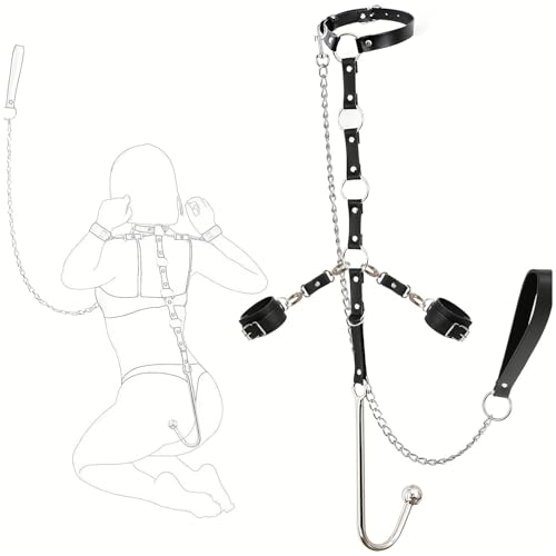 Anal Plug Hook with Adjustable Handcuffs Towing Rope Anal Hook Restraints Bondage Collar Neck Anal Hook Sex Bondage Set with Butt Plug BDSM Leather Sex Restraints SM Fetish Toy for Couple Lovers