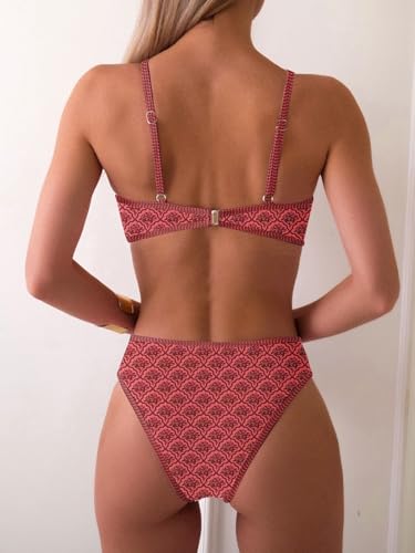 Image of Fanuerg Women's Triangle Bikini Sets O Ring Linked Two Piece Swimsuits Floral Printed Cheeky Bathing Suit