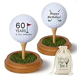 2 Pcs Golf Birthday Gifts for Grandpa Men Dad Golfing Fan Friends Husband, Happy 60th Birthday Golf Ball Lifelike Turf Display Stand Holders Gifts
