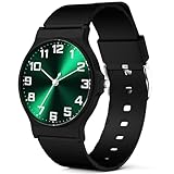 TENOCK Reloj Analógico para Niños y Niñas, Resistente al Agua hasta 30 m, Esfera Negra y Verde, Correa de Silicona Negra, Cuarzo Japonés, Deportivos, Unisex, 5-15 Años